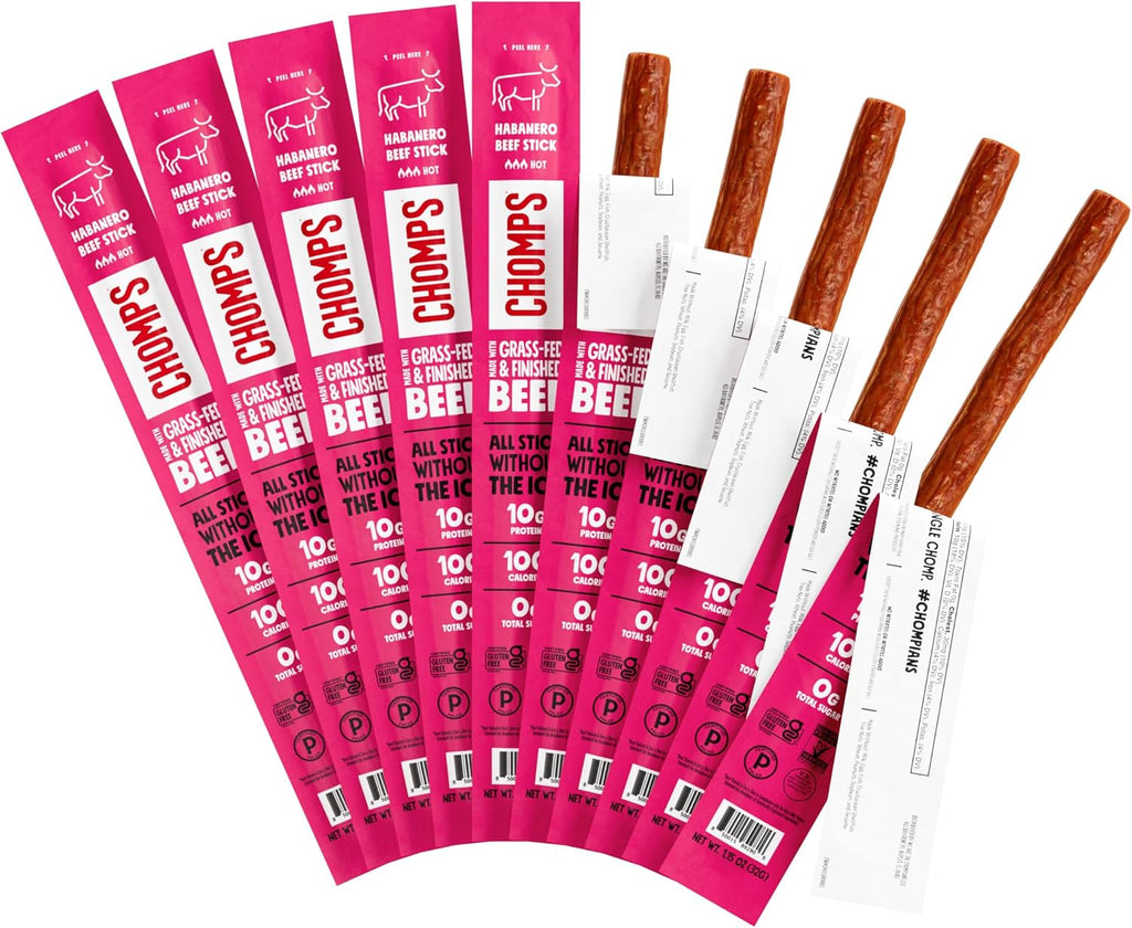 Chomps Grass-Fed and Finished Spicy Habanero Beef Jerky Snack Sticks 10-Pack - Keto, Paleo, Whole30, 10g Lean Meat Protein, Gluten-Free, Zero Sugar Food, Non-GMO