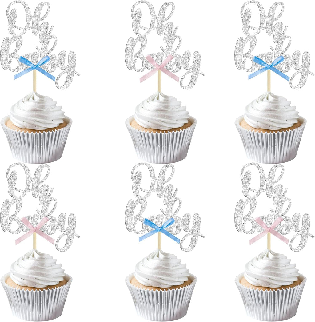 Gyufise 36Pcs Oh Baby Cupcake Toppers with Blue Pink Bowknot Silver Glitter Baby Shower Cupcake Picks Gender Reveal Cupcake Topper Decoration for Gender Reveal Baby Shower Kids Birthday Party Supplies