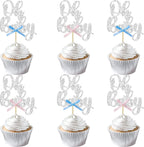 Gyufise 36Pcs Oh Baby Cupcake Toppers with Blue Pink Bowknot Silver Glitter Baby Shower Cupcake Picks Gender Reveal Cupcake Topper Decoration for Gender Reveal Baby Shower Kids Birthday Party Supplies