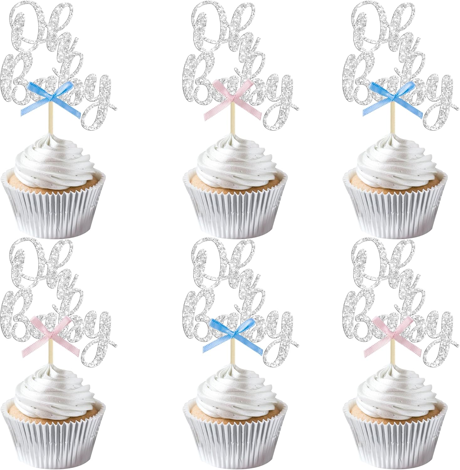 Gyufise 36Pcs Oh Baby Cupcake Toppers with Blue Pink Bowknot Silver Glitter Baby Shower Cupcake Picks Gender Reveal Cupcake Topper Decoration for Gender Reveal Baby Shower Kids Birthday Party Supplies