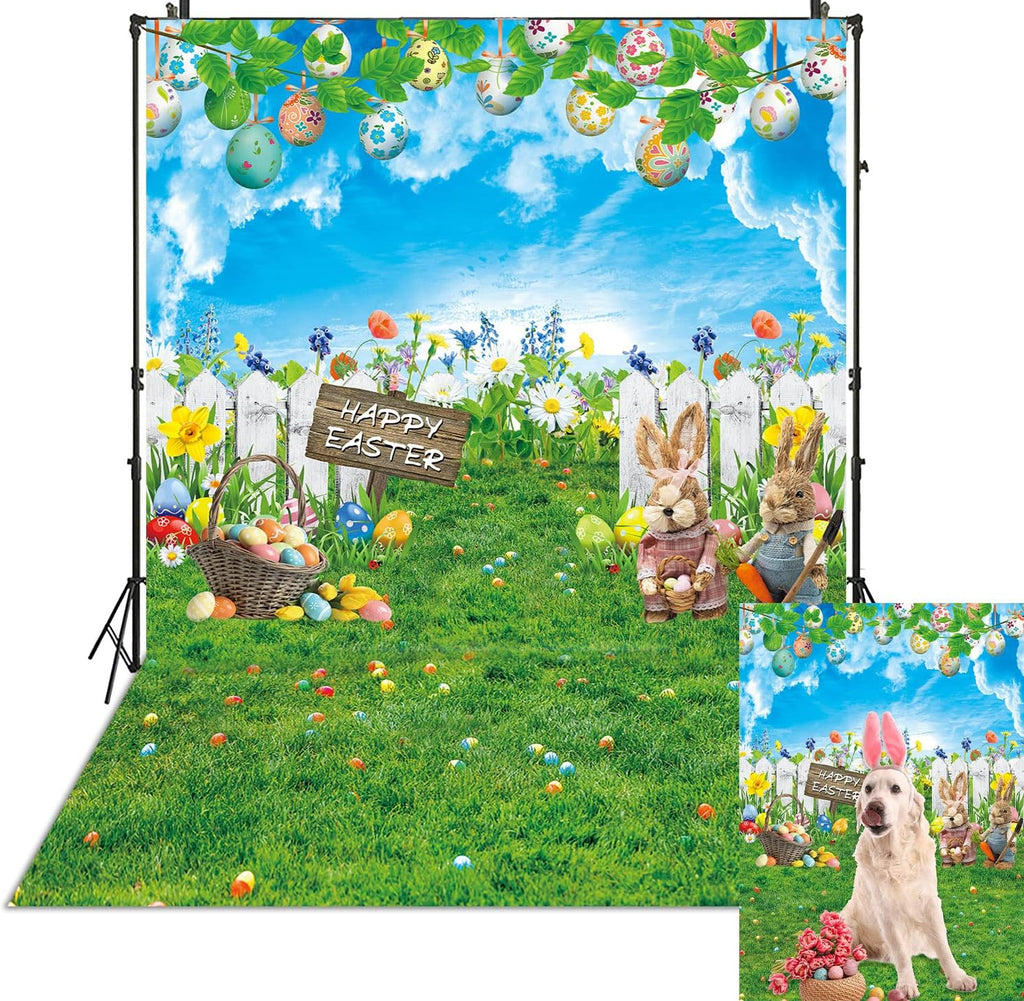 Happy Easter Backdrop Eggs Bunny Spring Garden Photography Background 5x7ft Rabbits Flowers Easter Party Decoration Banner Supplies