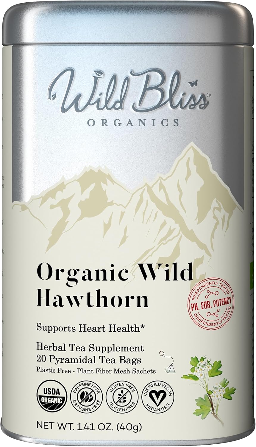 Wild Bliss Organic Wild Hawthorn Leaf & Flower - Caffeine Free Herbal Tea - Heart Health Support - 20 Plant Based Tea Bags