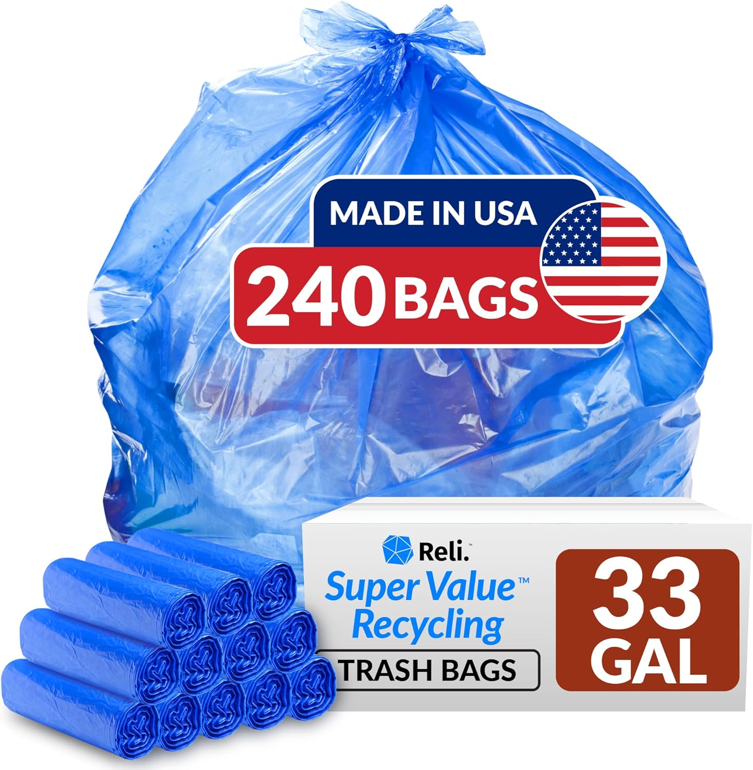 Reli. SuperValue 33 Gallon Recycling Bags (240 Count, Bulk) Made in the USA - Blue Trash Bags, 30-33 Gallon | Blue Recycling, Garbage | 33Gal with 30Gal, 33Gal, 35Gal Capacity