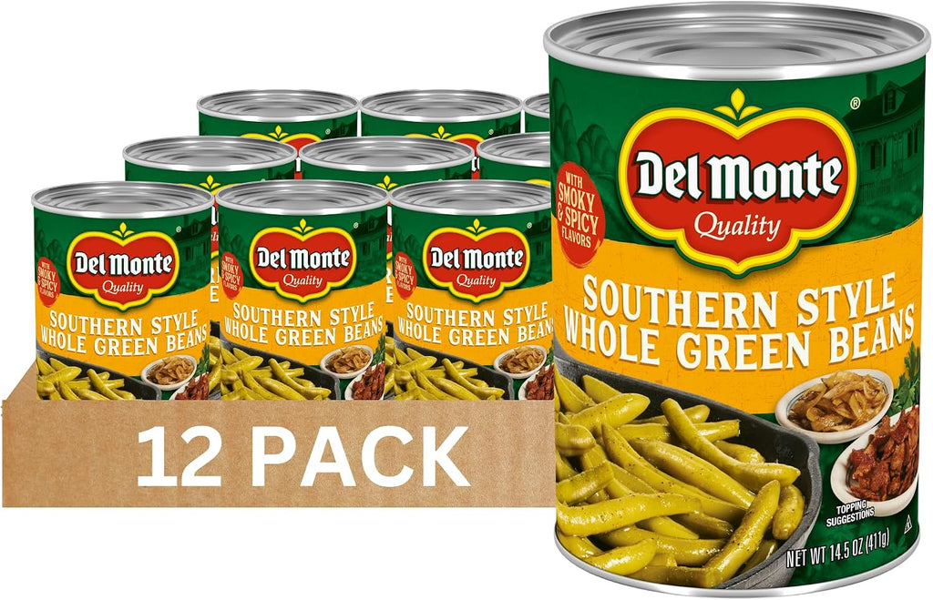 Del Monte Southern Style Whole Green Beans, 14.5 oz. Can (Pack of 12) Spicy & Smoky Flavors, Ready to Eat Side Dish