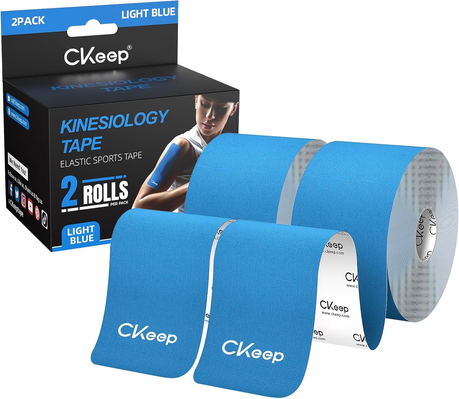 CKeep Kinesiology Tape, Uncut 2 Rolls, Original Cotton Elastic Premium Athletic Tape,Latex Free Hypoallergenic, 2inch x 16ft, Light Blue