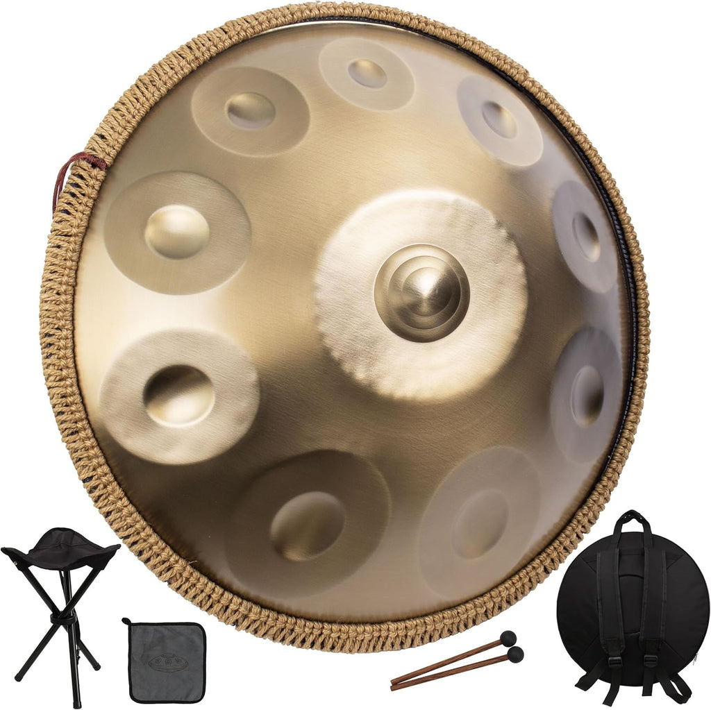 Handpan Drum for Beginners, 19 Inch D Minor Kurd 10 Notes - 432HZ Hand Drum Set,Professional Hand Pan,Handpan Instrument (Gold)