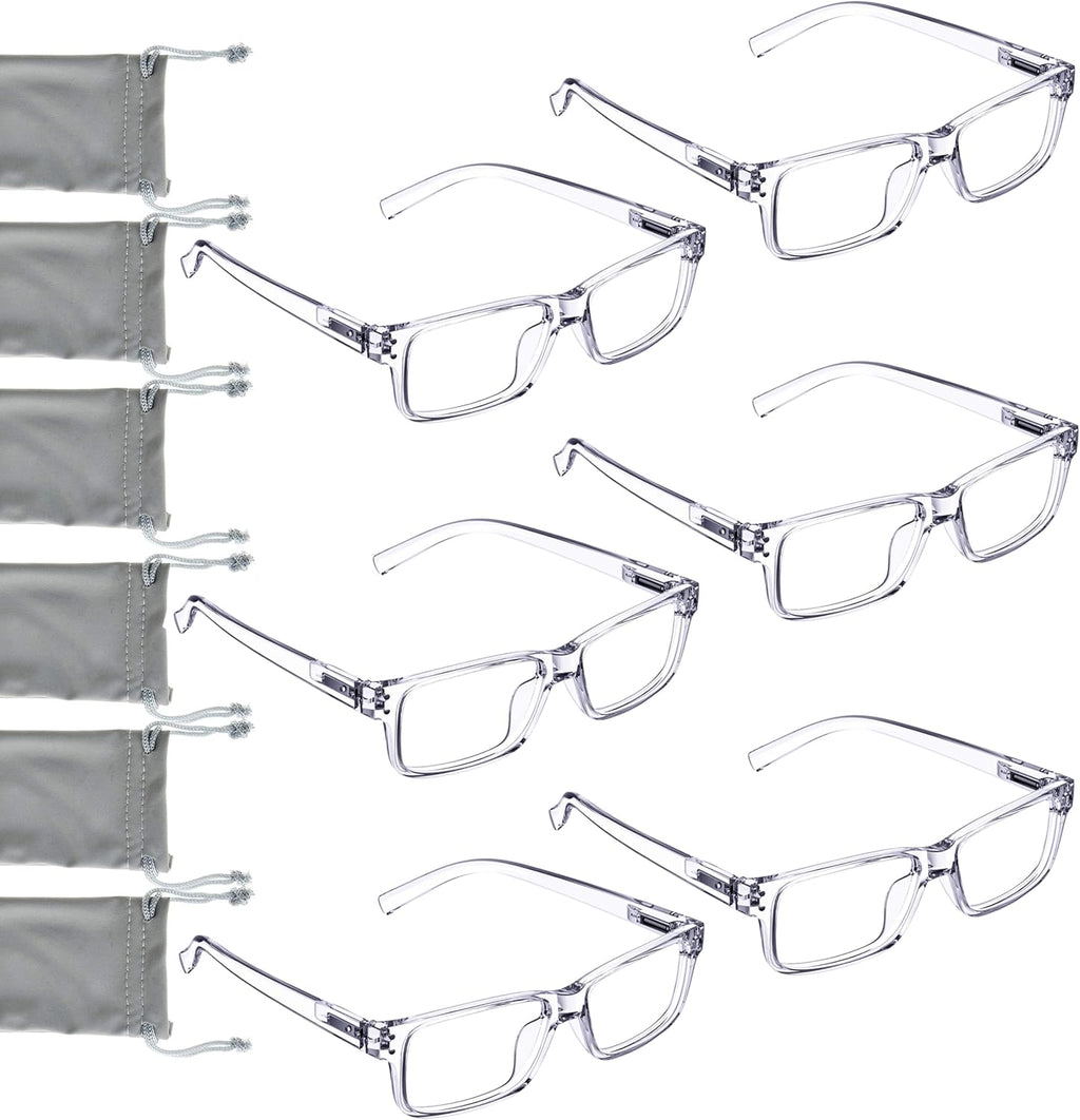 LUR READING GLASSES 6 Pack Spring Hinge Comfort Plastic Readers (Clear)