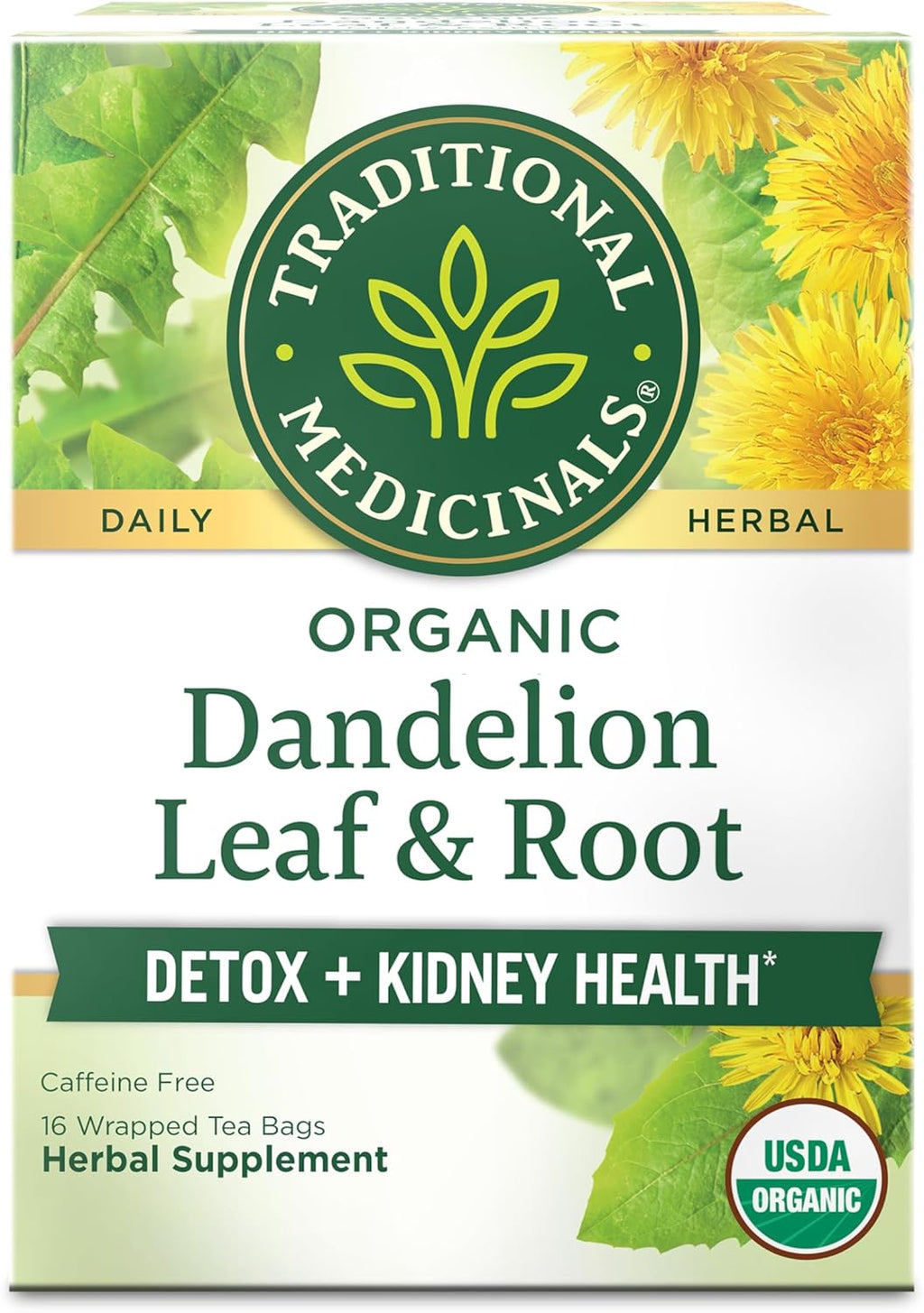 Traditional Medicinals Organic, Dandelion Leaf & Root - Dandelion Root Tea, Supports Normal Detox + Digestion - Kosher, Non-GMO, Caffeine-Free, Compostable - 16 Tea Bags