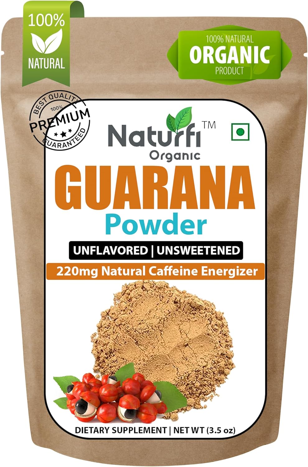 Organic Guarana Powder - 1,000 mg Per Serv | 100 Grams / 3.5 Oz | Brazilian Herbal Extract, Bulk Superfood, Coffee Substitute, Vegan Friendly