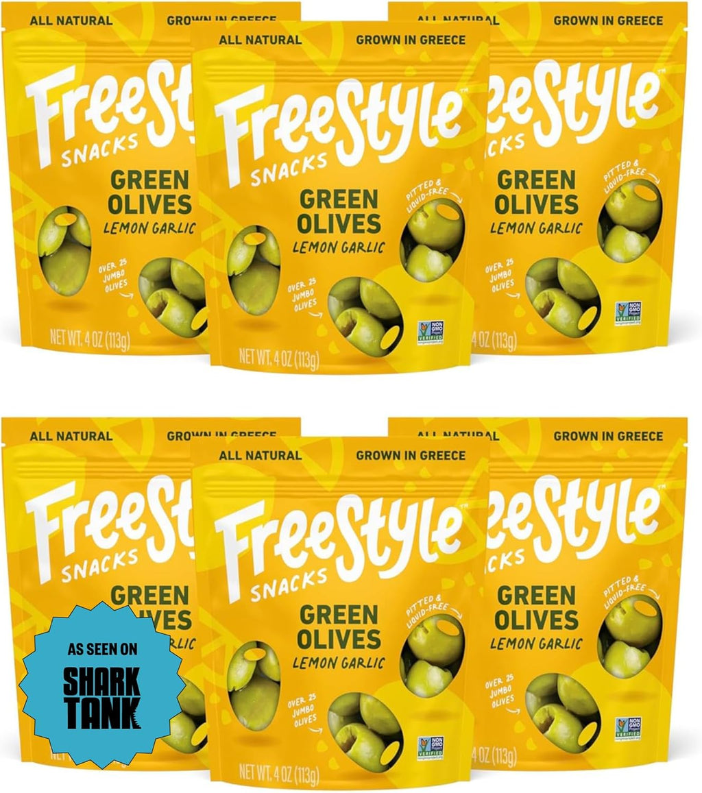 Freestyle Snacks Olive Snack Packs - As Seen on Shark Tank - Fresh Pitted Green Olives, Jumbo-Sized, Grown in Greece, All Natural, Non-GMO, Sugar-Free, Low Calorie - Lemon Garlic, 4oz (6 Pack)