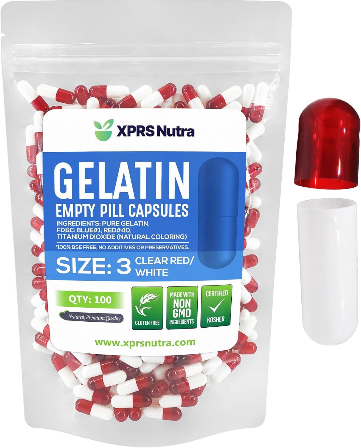 XPRS Nutra Size 3 Empty Capsules - 100 Count Empty Gelatin Capsules - Pills DIY Capsule Filling - Pure Bovine Pill Gel Caps Fillable for Do-It-Yourself Vitamins and Supplements (Clear Red/White)