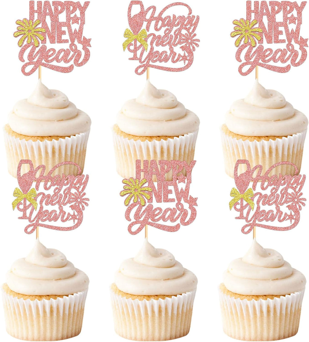 24 Pcs Happy New Year Cupcake Toppers Welcome 2026 Picks Fireworks Goblet Cupcake Toppers for Congratulations 2026 Happy New Year Eve Holiday Theme Holiday Party Decoration rose gold
