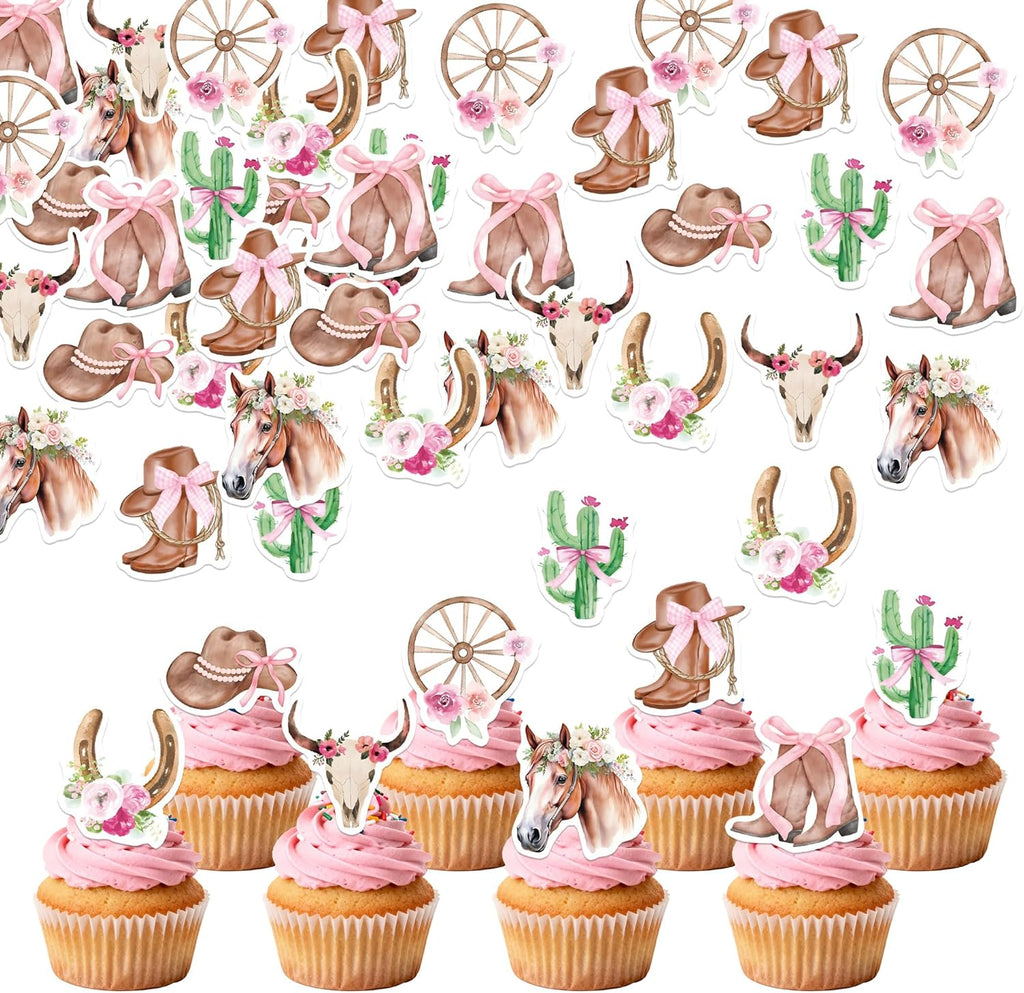 72Pcs Edible Bow Western Cowgirl Cupcake Toppers Wafer Paper Rodeo Bowknot Cupcake Toppers Picks Horse Shoe Cowboy Hats Boots Cactus Cupcake for Birthday Baby Shower Bachelorette Party Supplies