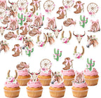 72Pcs Edible Bow Western Cowgirl Cupcake Toppers Wafer Paper Rodeo Bowknot Cupcake Toppers Picks Horse Shoe Cowboy Hats Boots Cactus Cupcake for Birthday Baby Shower Bachelorette Party Supplies