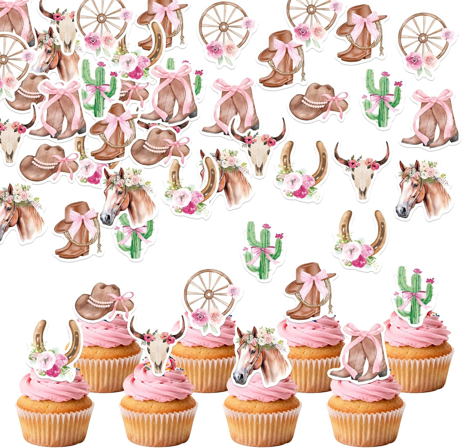 72Pcs Edible Bow Western Cowgirl Cupcake Toppers Wafer Paper Rodeo Bowknot Cupcake Toppers Picks Horse Shoe Cowboy Hats Boots Cactus Cupcake for Birthday Baby Shower Bachelorette Party Supplies