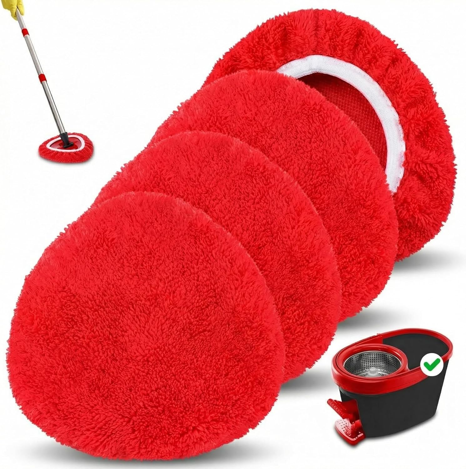 Baderke 4 Pack Microfiber Mop Heads Replacements Microfiber Spin Mop Replace Heads Reusable Refills Pads Duster Replace Washable Cleaning Cloths Scrubber Dust Refills for Floor Cleaning (Red)