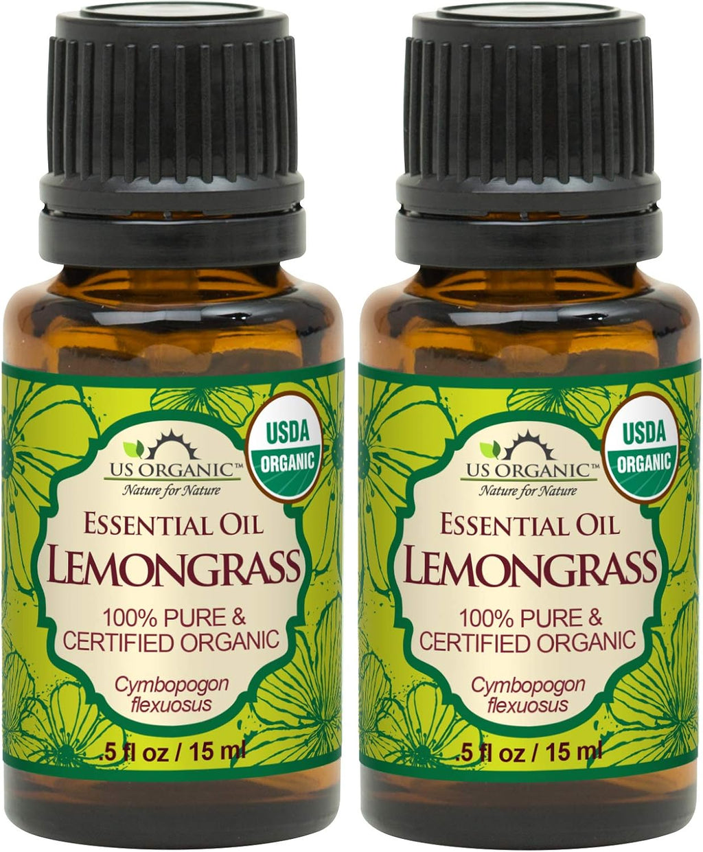 US Organic 100% Pure Lemongrass Essential Oil, USDA Certified Organic, Extracted by Steam Distillation Method, for Hair, Nail Polish Remover, Bees Attraction, and More. 15 ml, Value 2 Pack