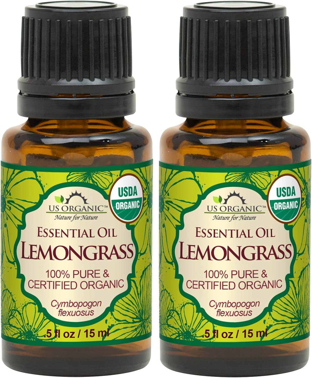 US Organic 100% Pure Lemongrass Essential Oil, USDA Certified Organic, Extracted by Steam Distillation Method, for Hair, Nail Polish Remover, Bees Attraction, and More. 15 ml, Value 2 Pack