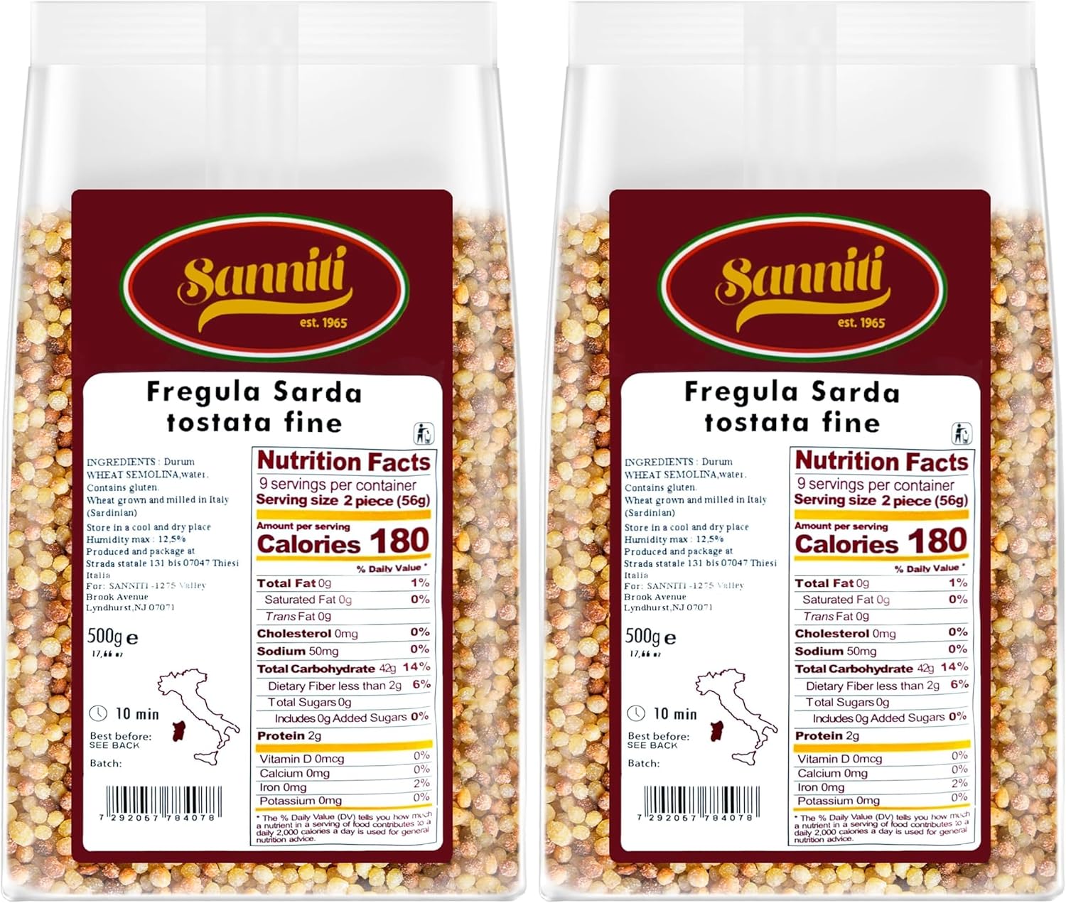 Sanniti Toasted Fregola Sarda FIne Semolina Pasta Fregula Tostata Fina, 17.6 oz (Pack of 2)