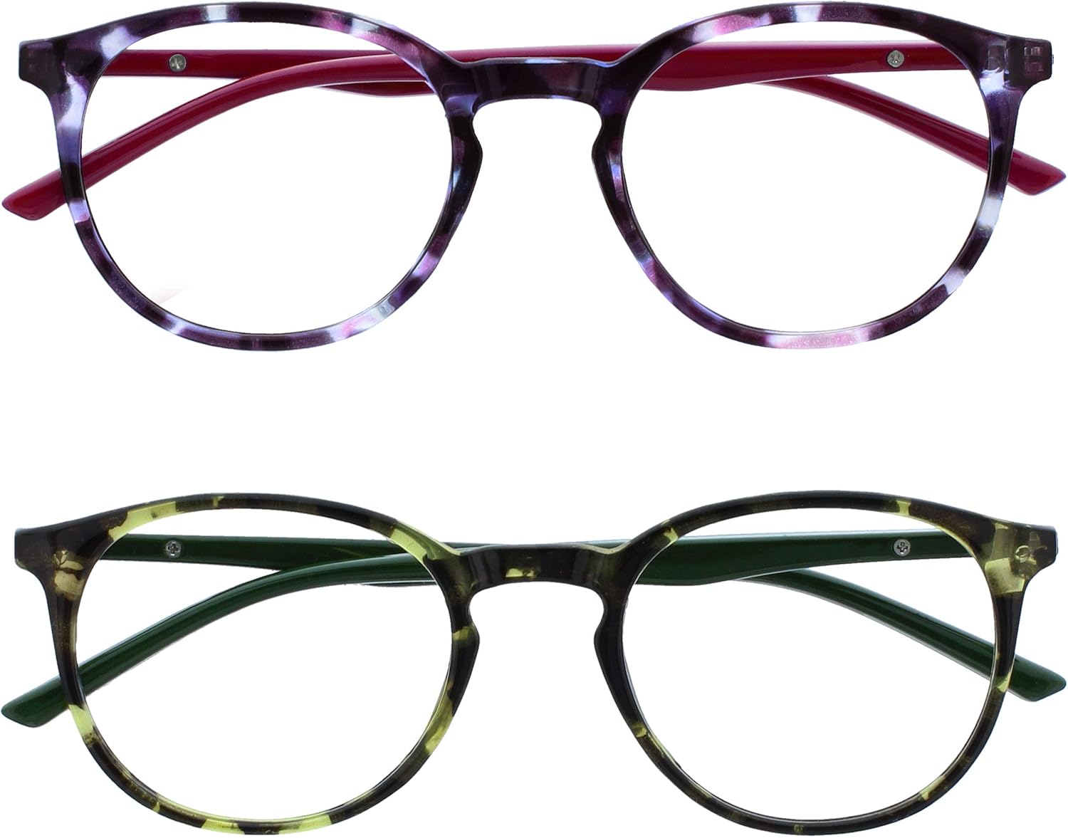 OPULIZE MET Reading Glasses for Women Men, Slim Round Frame with Spring Hinges and Scratch Resistant, Purple,Green +3.5 (Pack of 2)