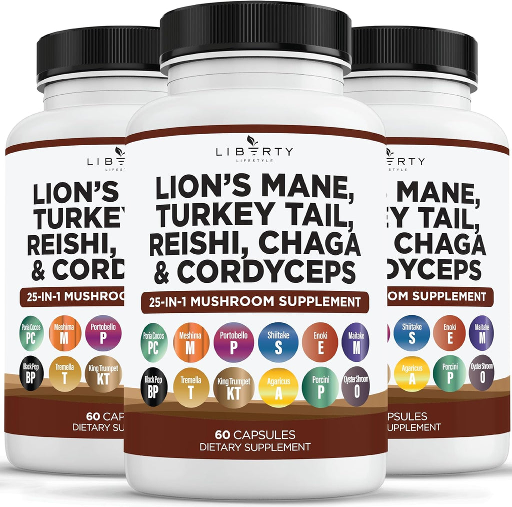 Liberty Lifestyle Lions Mane Mushroom Supplement with Turkey Tail Reishi Cordyceps Chaga with Marshmallow Root - 3-Pack