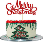 Gyufise 1 Pack Merry Christmas Cake Topper Red Glitter Xmas Holiday Cake Decorations for Winter Christmas Santa Happy New Year Party Supply Decoration