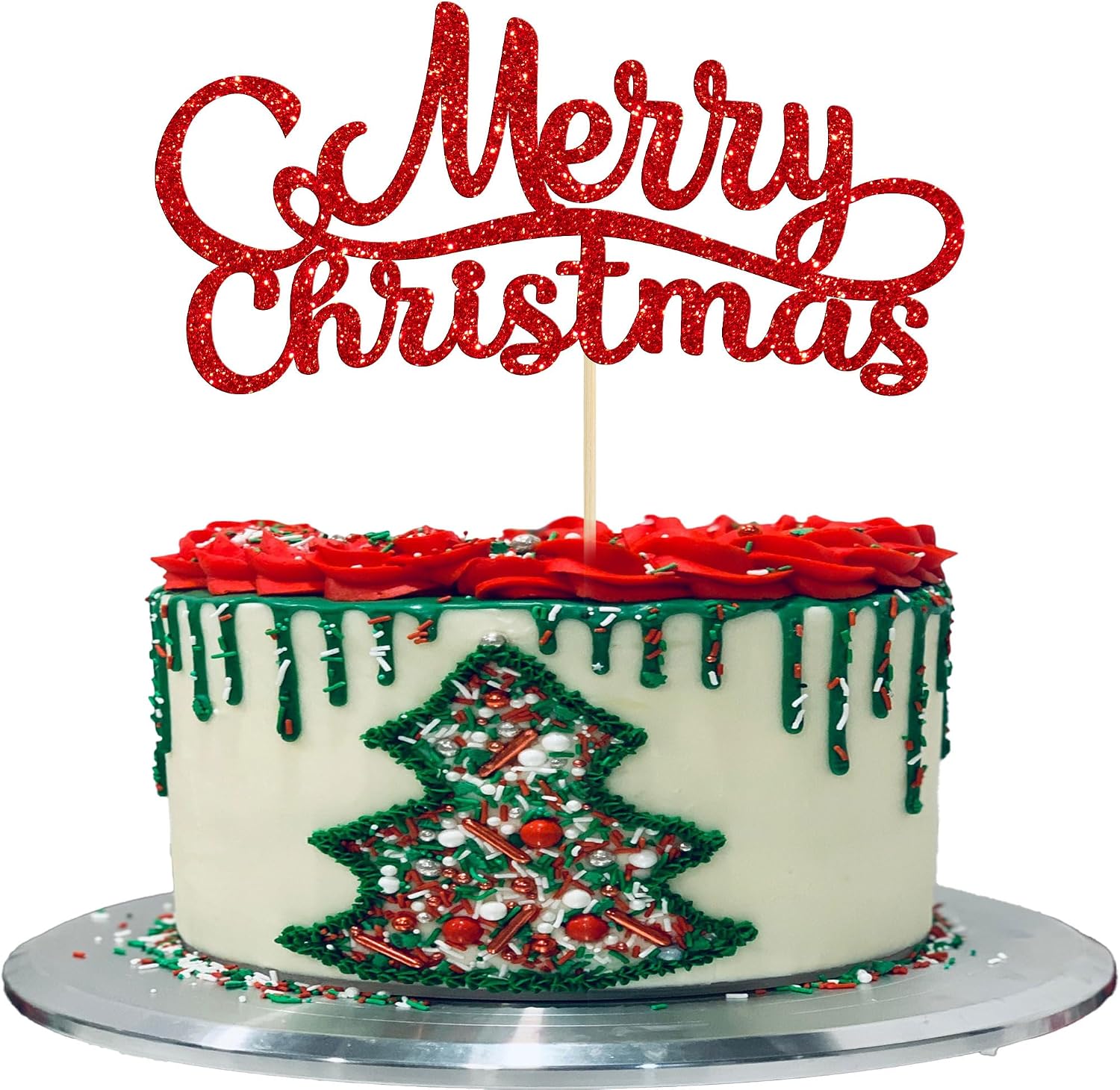 Gyufise 1 Pack Merry Christmas Cake Topper Red Glitter Xmas Holiday Cake Decorations for Winter Christmas Santa Happy New Year Party Supply Decoration