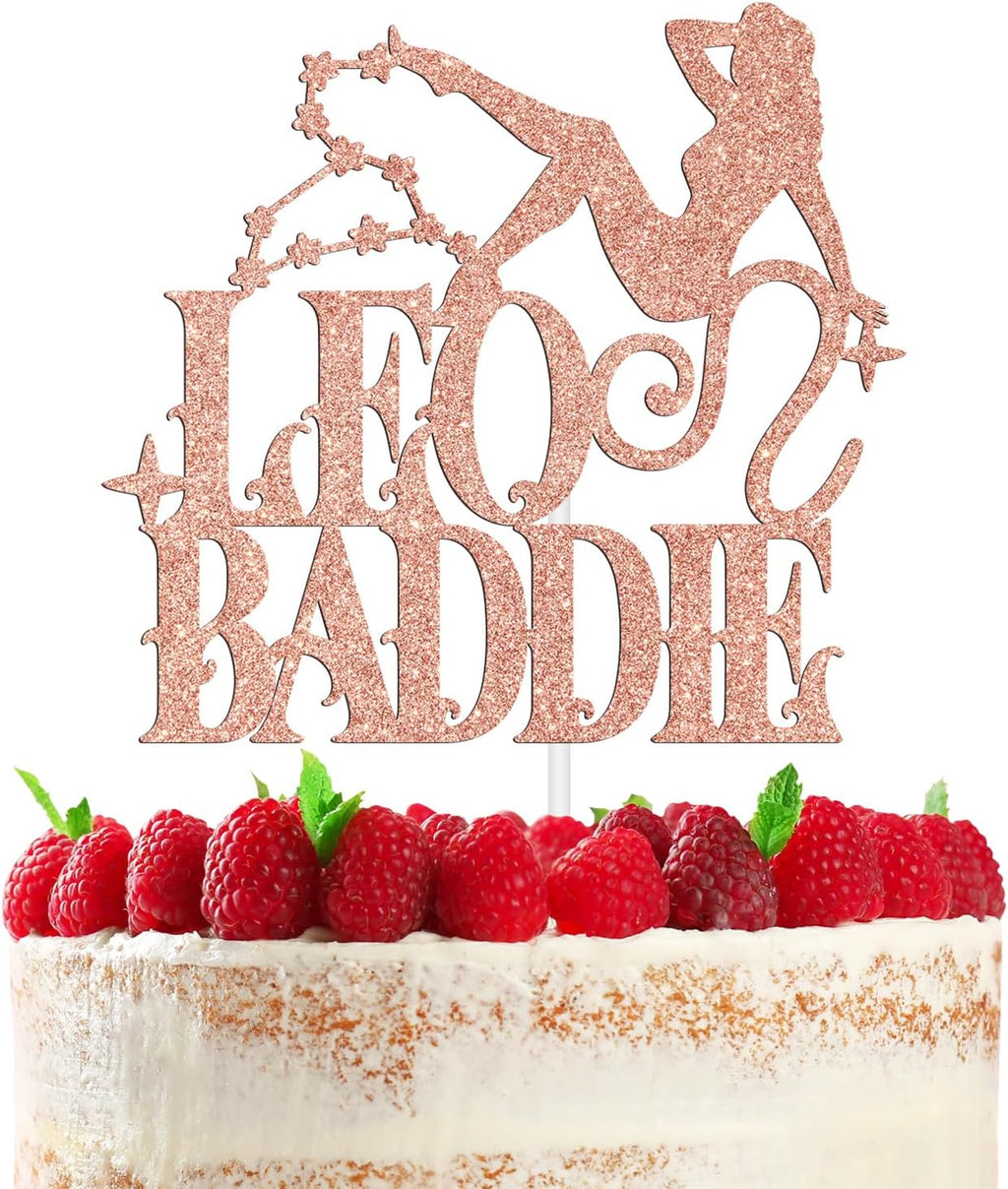 Leo Baddie Cake Topper, Big Leo Energy Cake Décor, 12 Constellation July August Happy Birthday Horoscope Zodiac Themed Birthday Party Decoration Supplies, Rose Gold Glitter