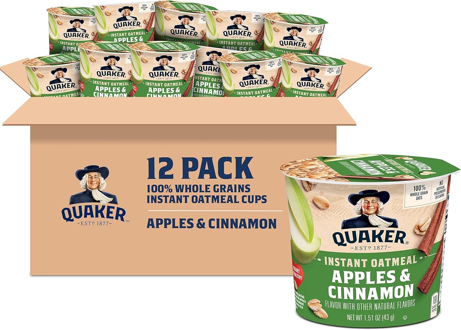Quaker Instant Oatmeal Express Cups, Apples & Cinnamon, 1.51 Ounce (Pack of 12)
