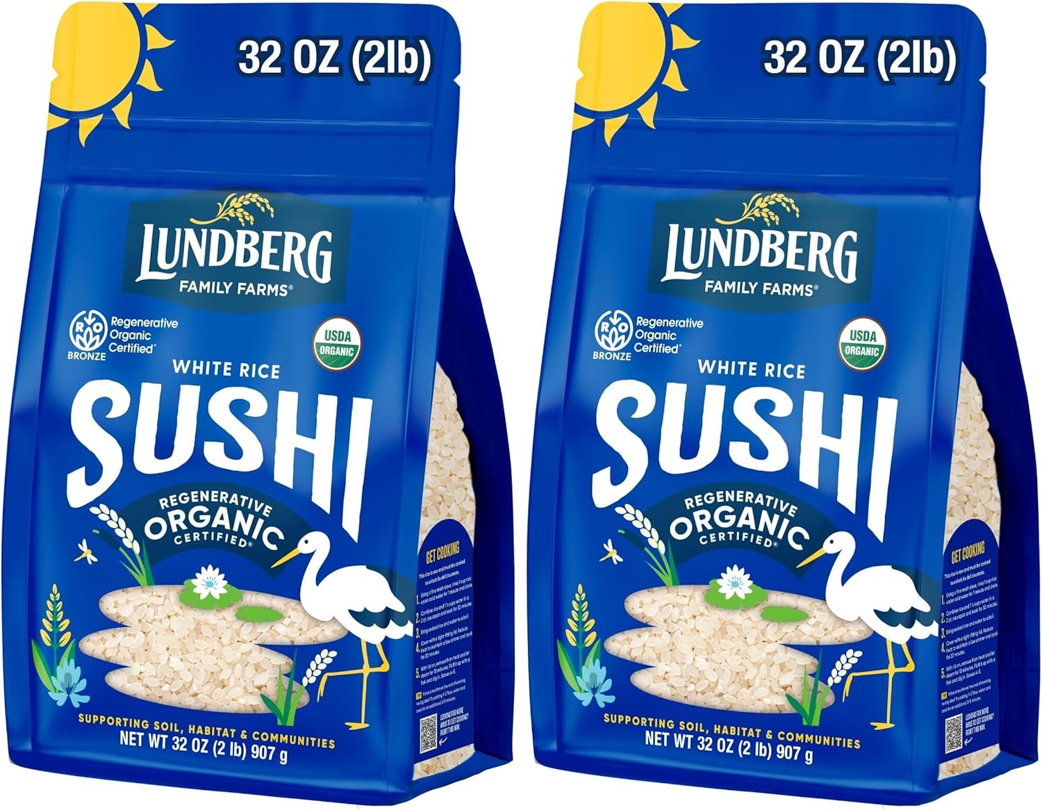 Lundberg Family Farms - Organic California Sushi Rice, Japanese Style Short Grain Rice, Perfectly Sticky, Pantry Staple, Non-GMO, Gluten-Free, USDA Certified Organic, Vegan, Kosher (32 Oz) (Pack of 2)