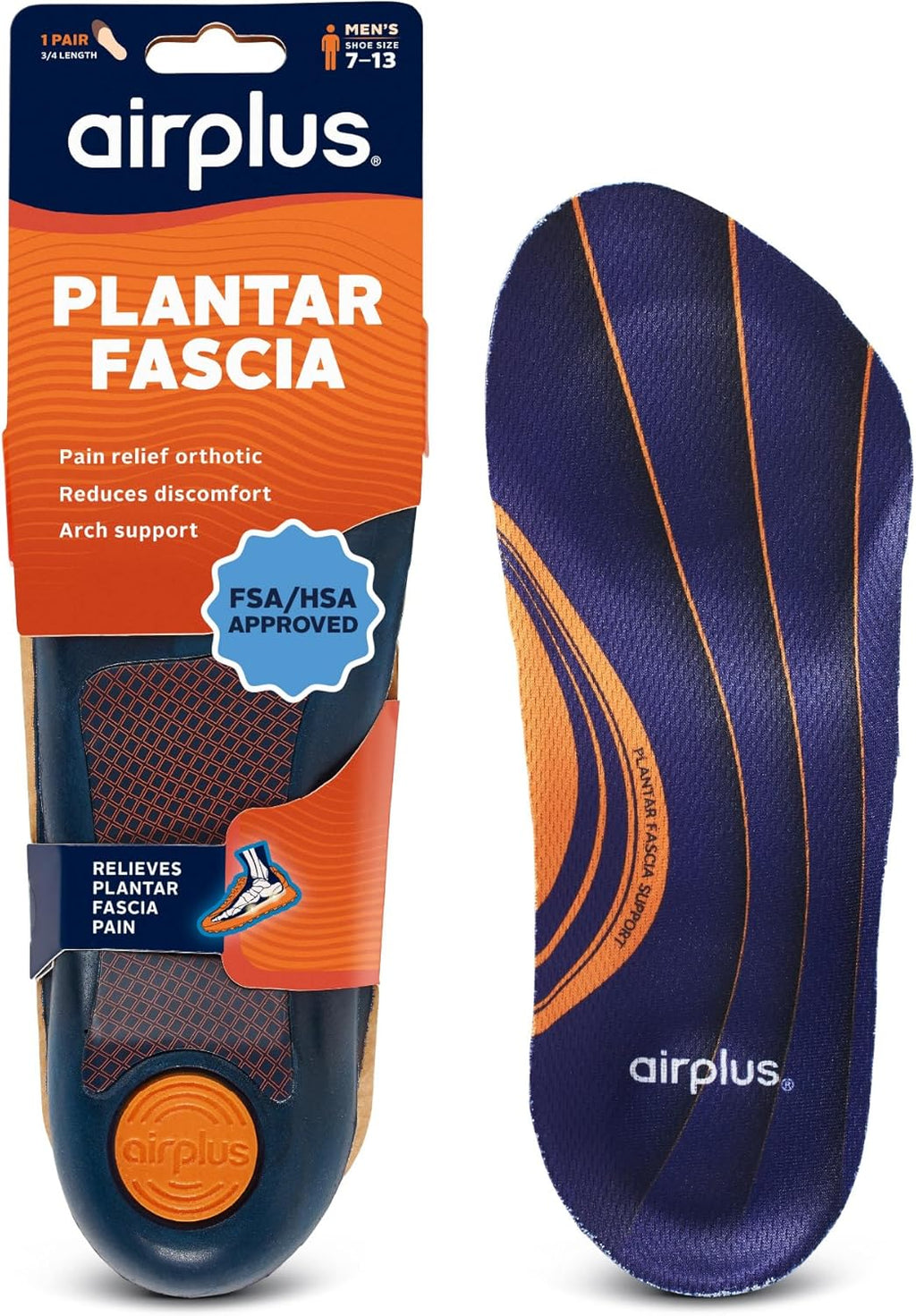 Airplus Plantar Fascia Orthotic 3/4 Length Shoe Insole (FSA&HSA Eligible)-Foam Shell & Gel Heel - Deep Heel Cup, Full-Foot Arch Support-Soft Cushioning & Stability -Fits Most Shoes & Boots-Unisex