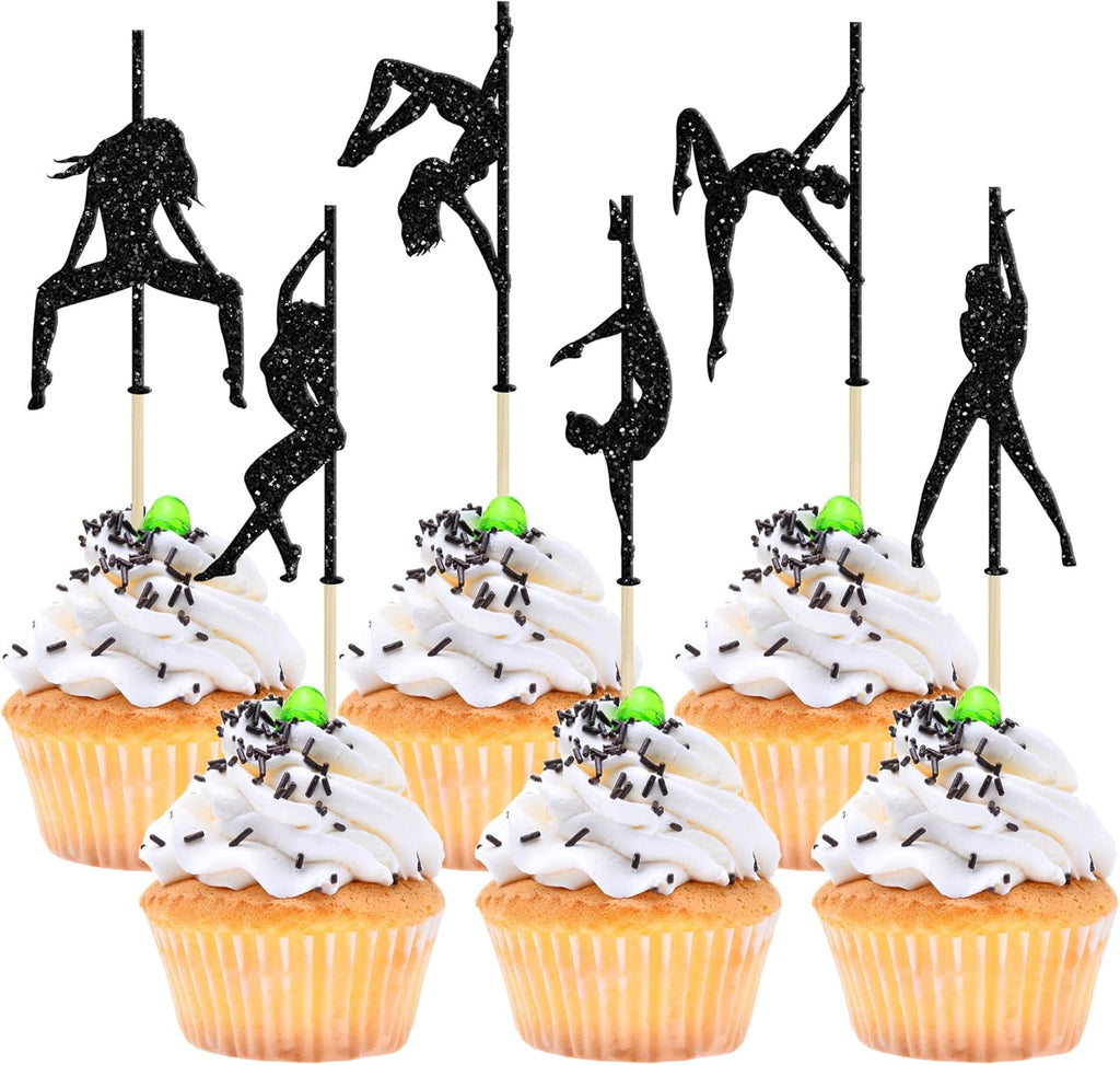 Gyufise 24Pcs Pole Dance Girl Cupcake Toppers Black Glitter Pole Dancing Cupcake Picks Bachelorette Bridal Shower Birthday Party Cake Decorations Supplies