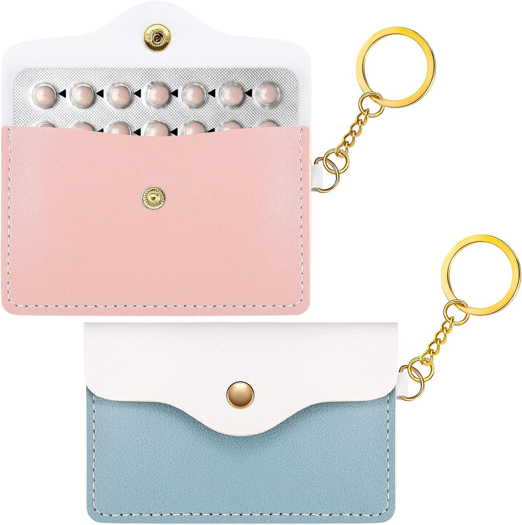 Tondiamo 2 Pack Birth Control Pill Case Holder PU Leather Pill Sleeve Packet 4.33 x 3 Inch Discreet Birth Control Pouch with Snap Closure Key Ring for Pills Card Organizer(Pink, Blue)