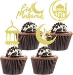24 Pcs Gold Eid Mubarak Cupcake Toppers, Glitter Ramadan Mubarak Cupcake Picks Eid Decoration for Cake, Ramadan Decoration 2026 (Gold)