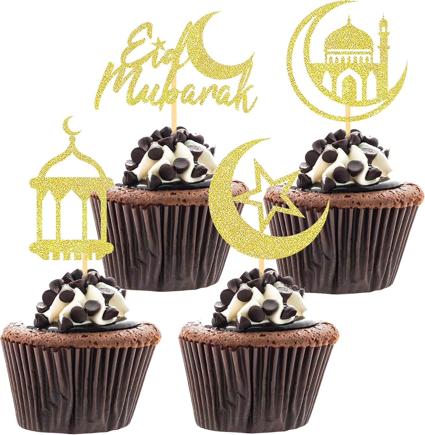 24 Pcs Gold Eid Mubarak Cupcake Toppers, Glitter Ramadan Mubarak Cupcake Picks Eid Decoration for Cake, Ramadan Decoration 2026 (Gold)