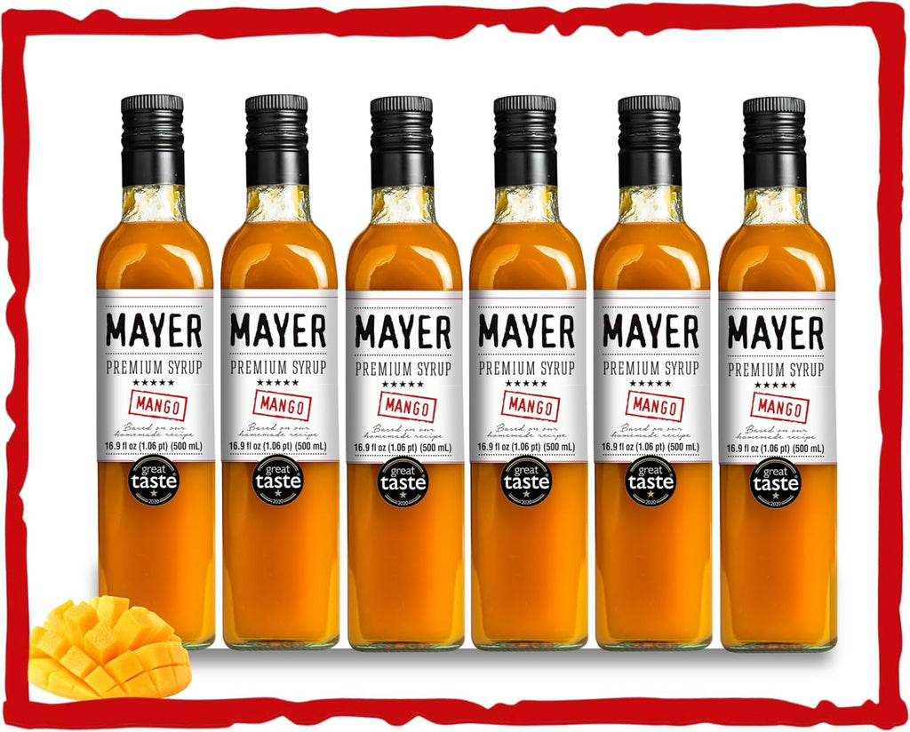 Mayer Premium Artisan Mango Syrups – Award-Winning, Only Real Mangoes and 3 Natural Ingredients, Vegan, Gluten Free, Dairy Free, Versatile for Beverages & Desserts – No Artificial Additives, Rich Authentic Flavor ( 16.9 Fl oz. / 500 ml, 6 Pack Mango )
