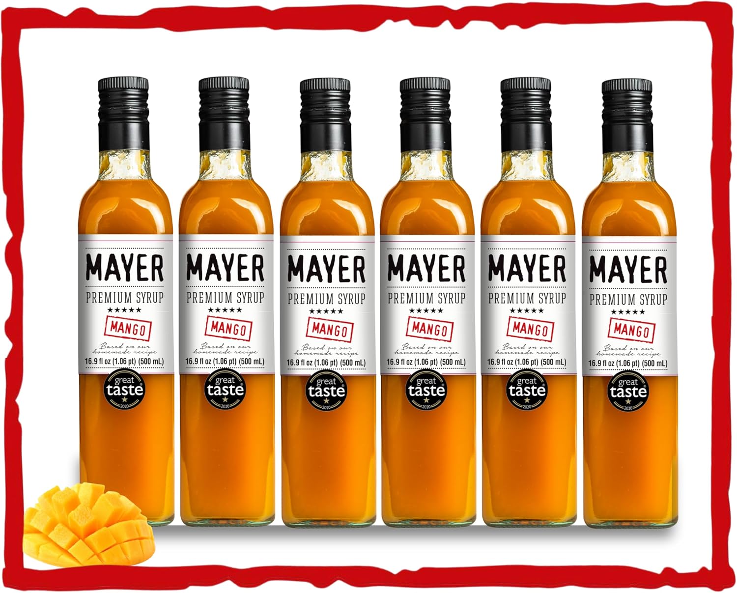Mayer Premium Artisan Mango Syrups – Award-Winning, Only Real Mangoes and 3 Natural Ingredients, Vegan, Gluten Free, Dairy Free, Versatile for Beverages & Desserts – No Artificial Additives, Rich Authentic Flavor ( 16.9 Fl oz. / 500 ml, 6 Pack Mango )