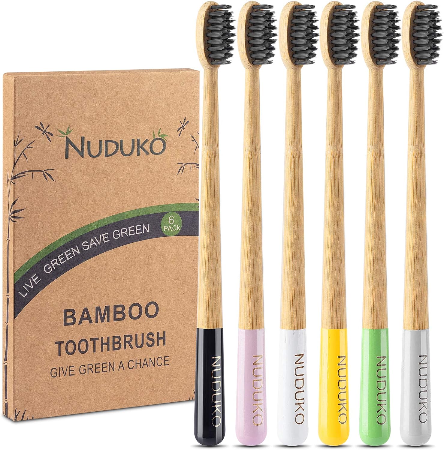 NUDUKO Biodegradable Charcoal Toothbrush Bamboo Toothbrushes - 6 Pack Eco-Friendly, Natural Wooden Tooth Brush, BPA Free Travel Size Organic Soft Bristle Toothbrushes for Adults, Cone Handle