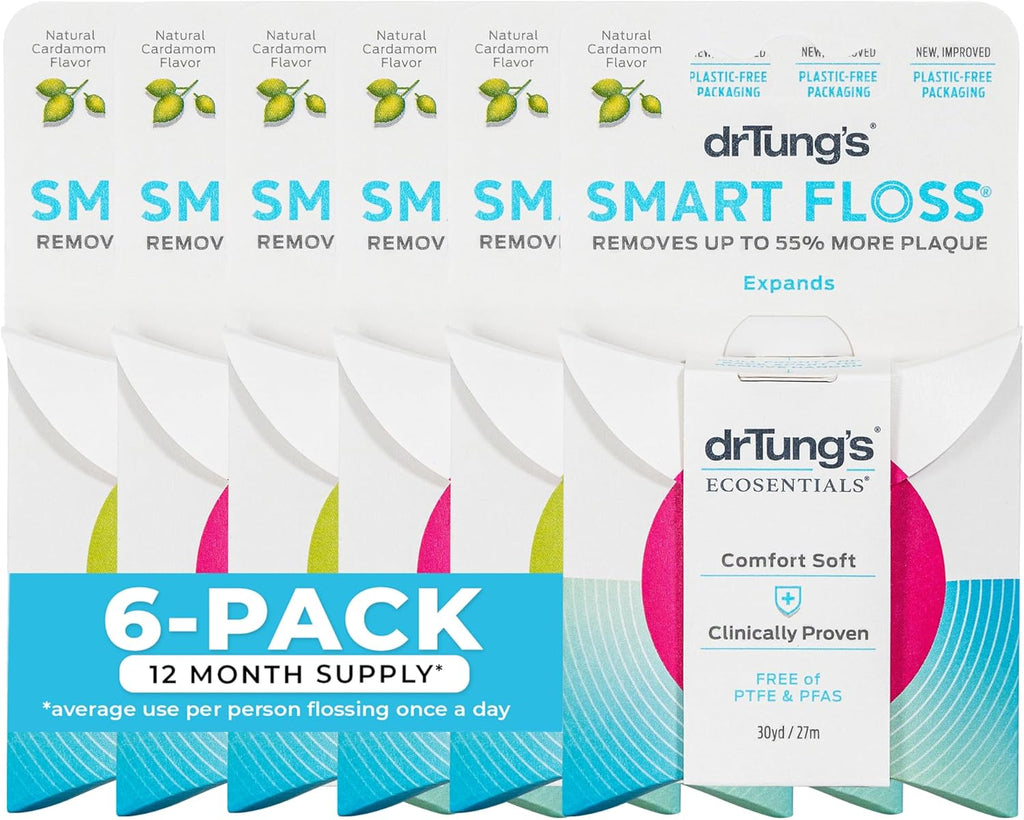 DrTung's Smart Floss - Natural Dental Floss, PTFE & PFAS Free, Gentle on Gums, Expands & Stretches, BPA Free - Cardamom Flavor(Pack of 6)