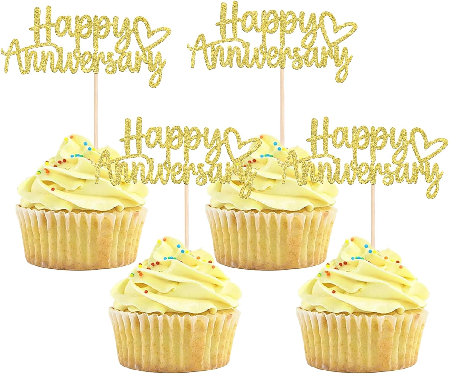 12Pcs Happy Anniversary Cupcake Toppers,Glitter Gold Wedding Anniversary Cupcake Toppers,for Party Celebration Wedding Anniversary