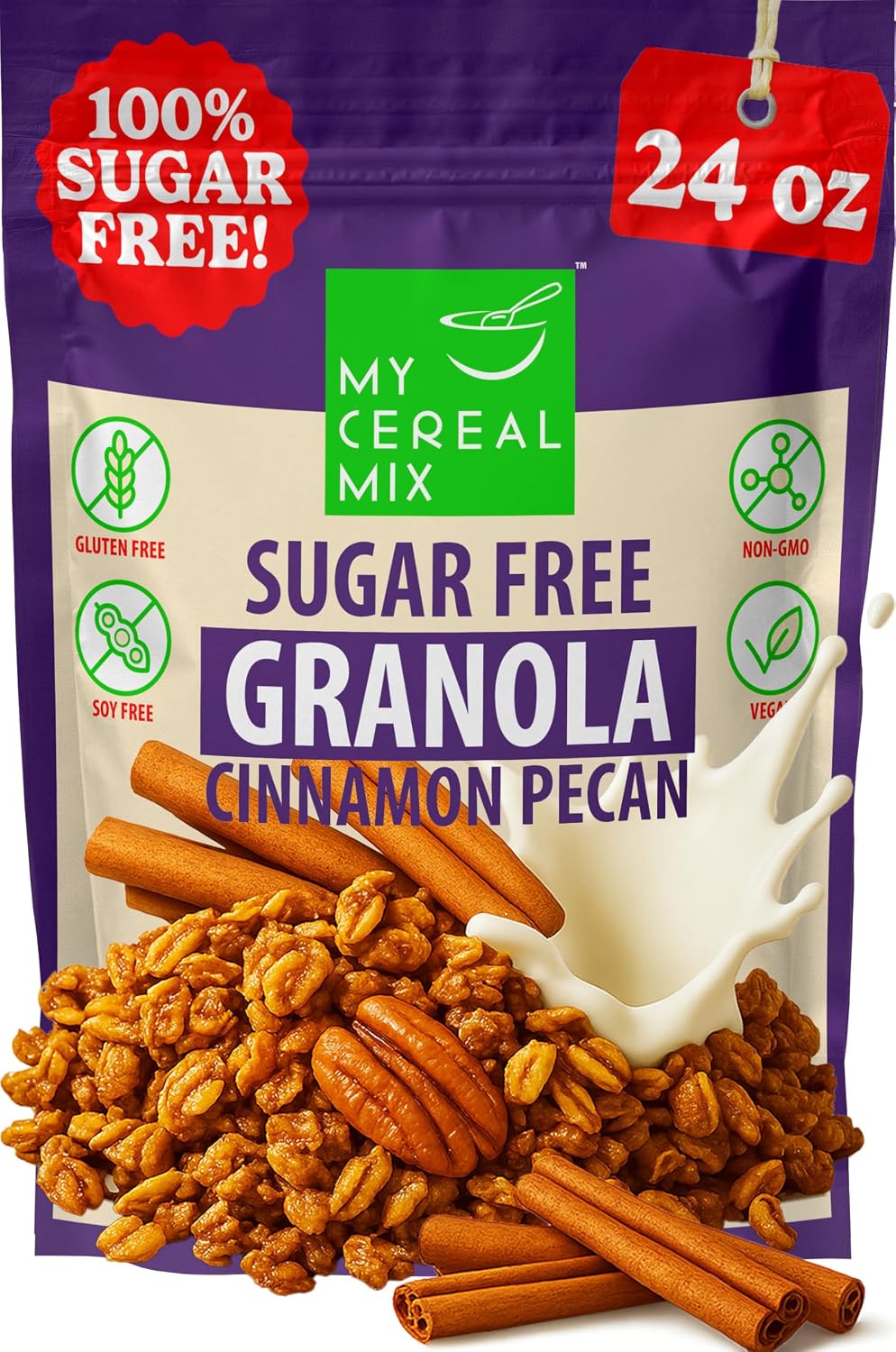 MyCerealMix Sugar Free Granola Cinnamon Pecan 24oz – Keto Diabetic Friendly Cereal, High Fiber, Gluten Free, Plant-Based, No Sugar Added, Monk Fruit, Healthy Breakfast, Non-GMO Oats