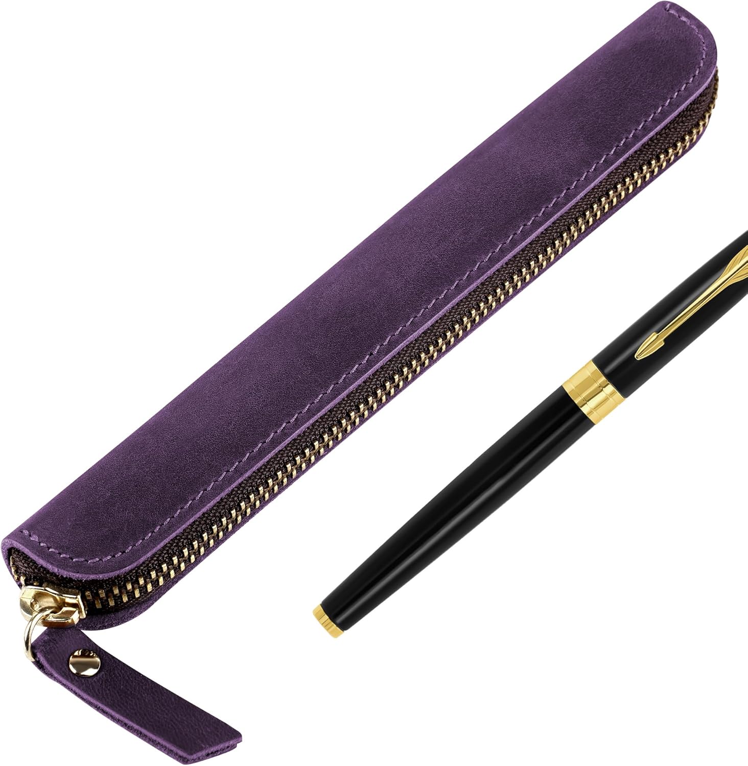 Crazy Horse Leather Zipper Pen Pouch Handmade, Single Pen Case Fountain Pen Sleeve Holder Pouch Cover Vintage, Mini Pencil Bag (Purple)