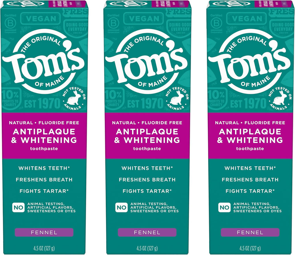 Tom’s of Maine Antiplaque and Whitening Toothpaste, Fluoride Free, Fennel, 3 Pack, 4.5 Oz