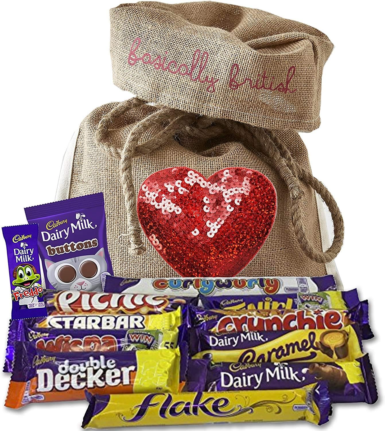 Cadbury Selection of 10 Full Size British Chocolate Bars in Burlap Bag with handmade Sequin Heart