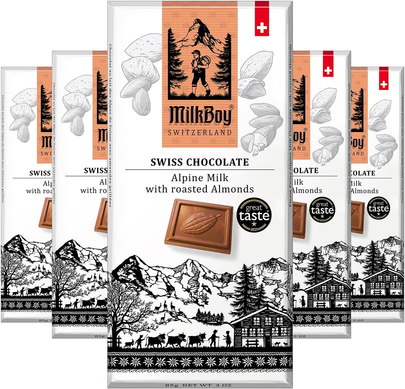 Milkboy Swiss Chocolates Almond Chocolate Bars - Premium Swiss Alpine Milk Chocolate with Almonds - All Natural, Gluten-Free, Non-GMO - Made in Switzerland, Kosher - 3 oz, Pack 5