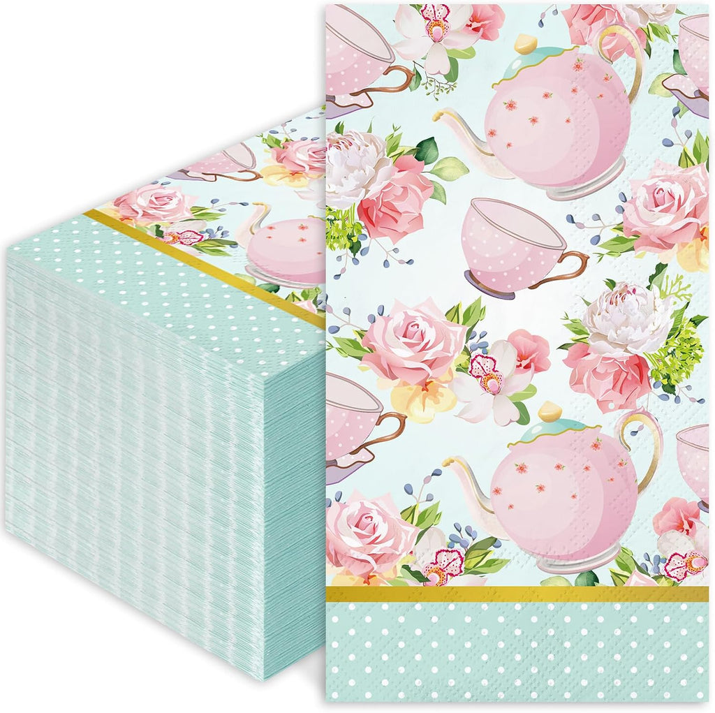 Whaline 100Pcs Floral Tea Party Paper Napkins Teacups Guest Napkins Disposable Dinner Hand Napkin Towel for Spring Mother's Day Bathroom Baby Shower Table Decor Supplies