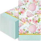 Whaline 100Pcs Floral Tea Party Paper Napkins Teacups Guest Napkins Disposable Dinner Hand Napkin Towel for Spring Mother's Day Bathroom Baby Shower Table Decor Supplies