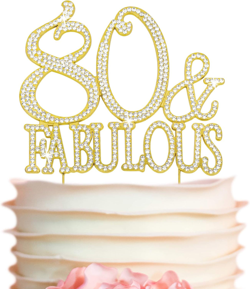 80 Cake Topper - Premium Gold Metal - 80 and Fabulous - 80th Birthday Party Sparkly Rhinestone Decoration Makes a Great Centerpiece - Now Protected in a Box