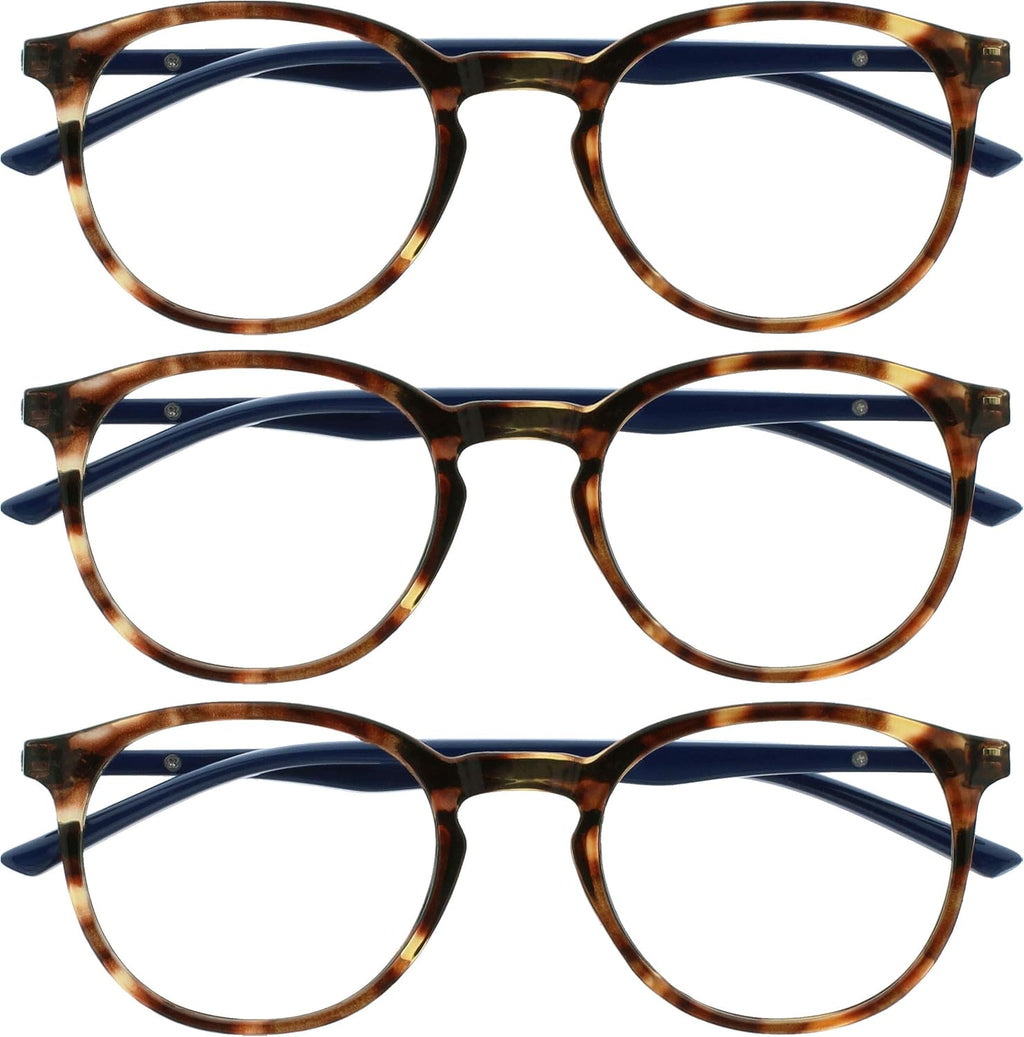 OPULIZE MET Blue Light Blocking Reading Glasses for Women Men, Slim Round Frame with Scratch Resistant and Spring Hinges, Computer Glasses with Anti-Reflective, Brown +0 (Pack of 3)