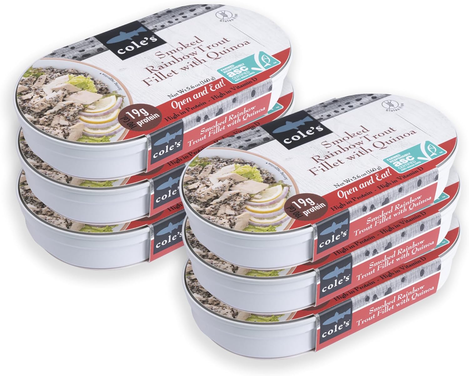 COLE’S - Smoked Rainbow Trout Fillet with Quinoa | Open & Ready to Eat Meal | 5.6 oz Canned & Hand-Packed | 19g Protein | High in Vitamin D | 6 pack